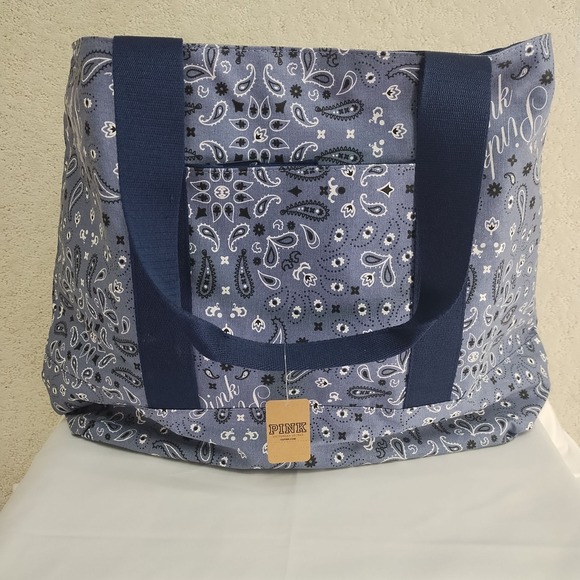 Pink Holly Swimwear Handbags - PINK Victorias Secret Tote Womens Large Blue Paisley Canvas Everyday Bag